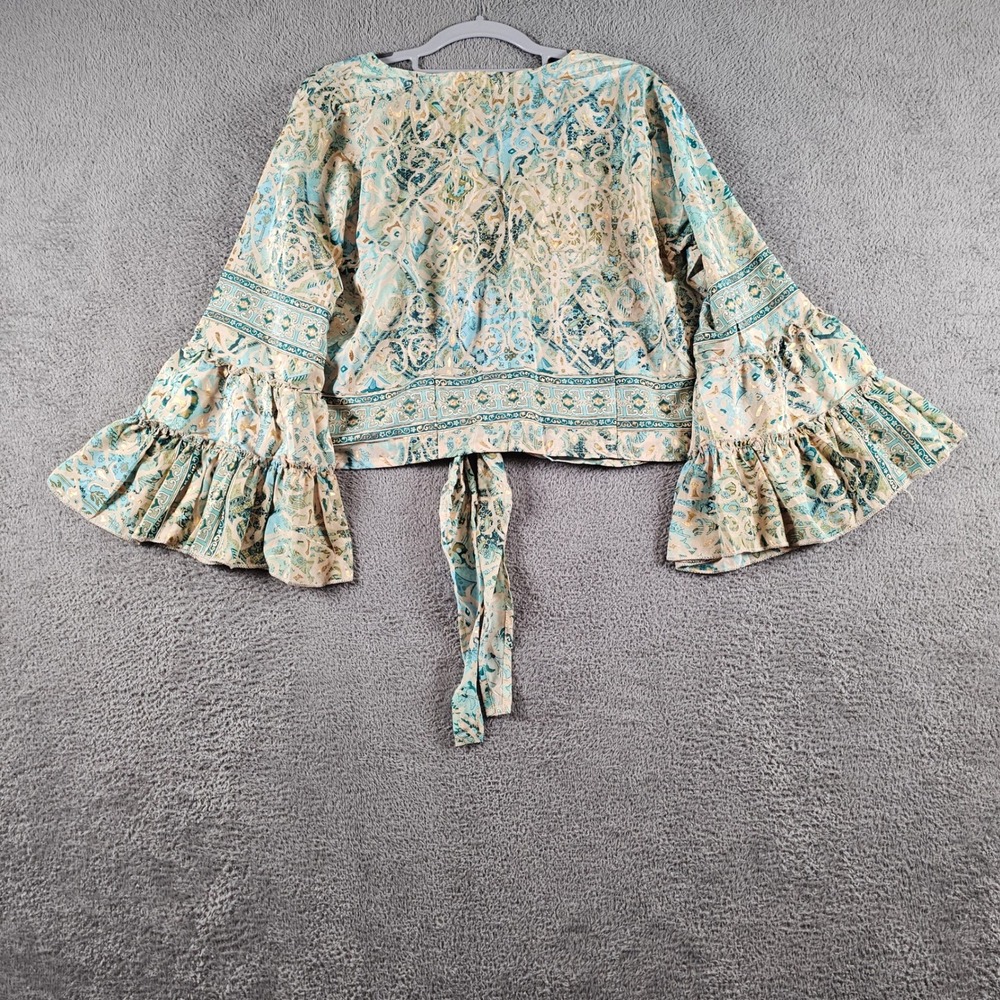 Bigg Bull Silk Blend Wrap Top Teal Gold Paisley Ruffle Bell Sleeve Boho Crop - Picture 2 of 7